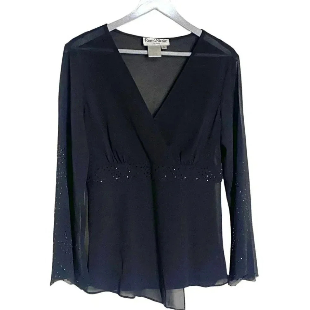 Ronni Nicole Blouse Medium Black‎ Beaded V-Neck Sheer Bell Sleeve Y2K Top